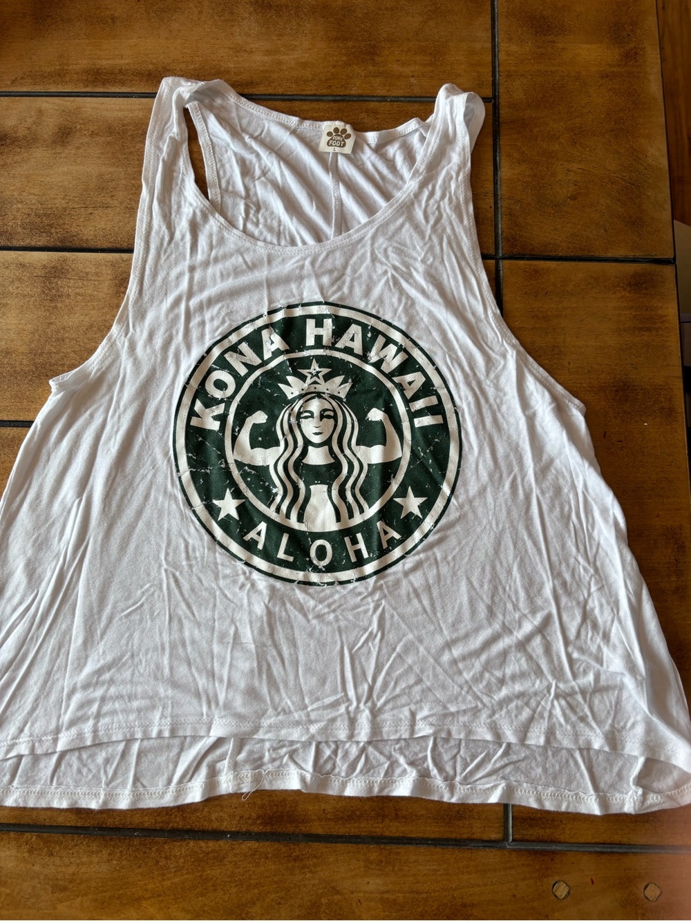 White Graphic Tank Top with Green Kona Hawaii Aloha Emblem